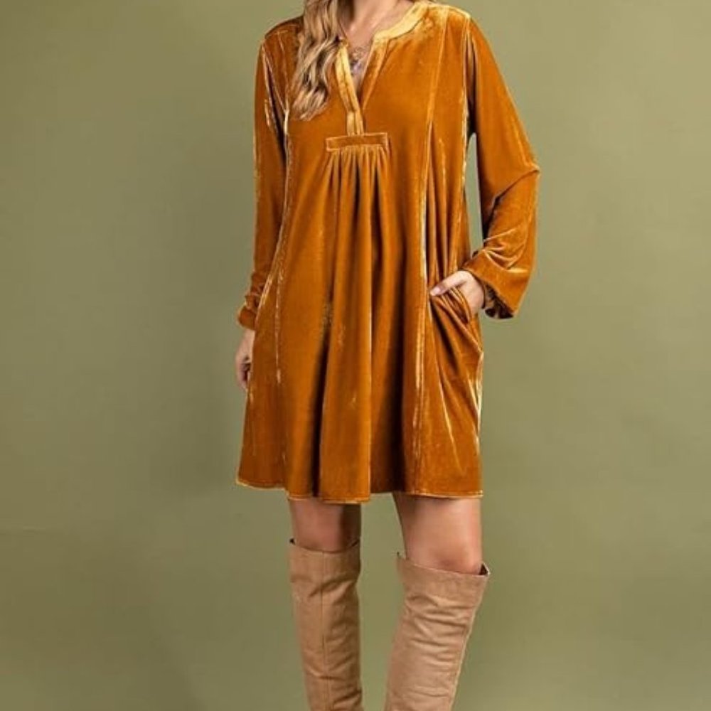 Easel Women's Long Sleeve Soft Velvet Tunic Dress with Pockets-Camel - NEW
